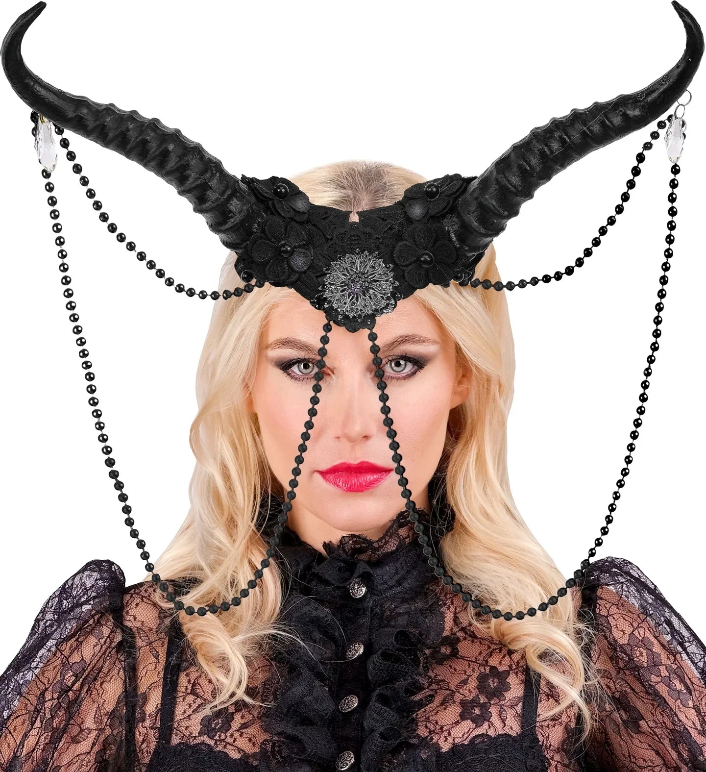 Tocado con Cuernos Negros Decorado con Perlas Cuernos de Diablo y Demonio Widmann