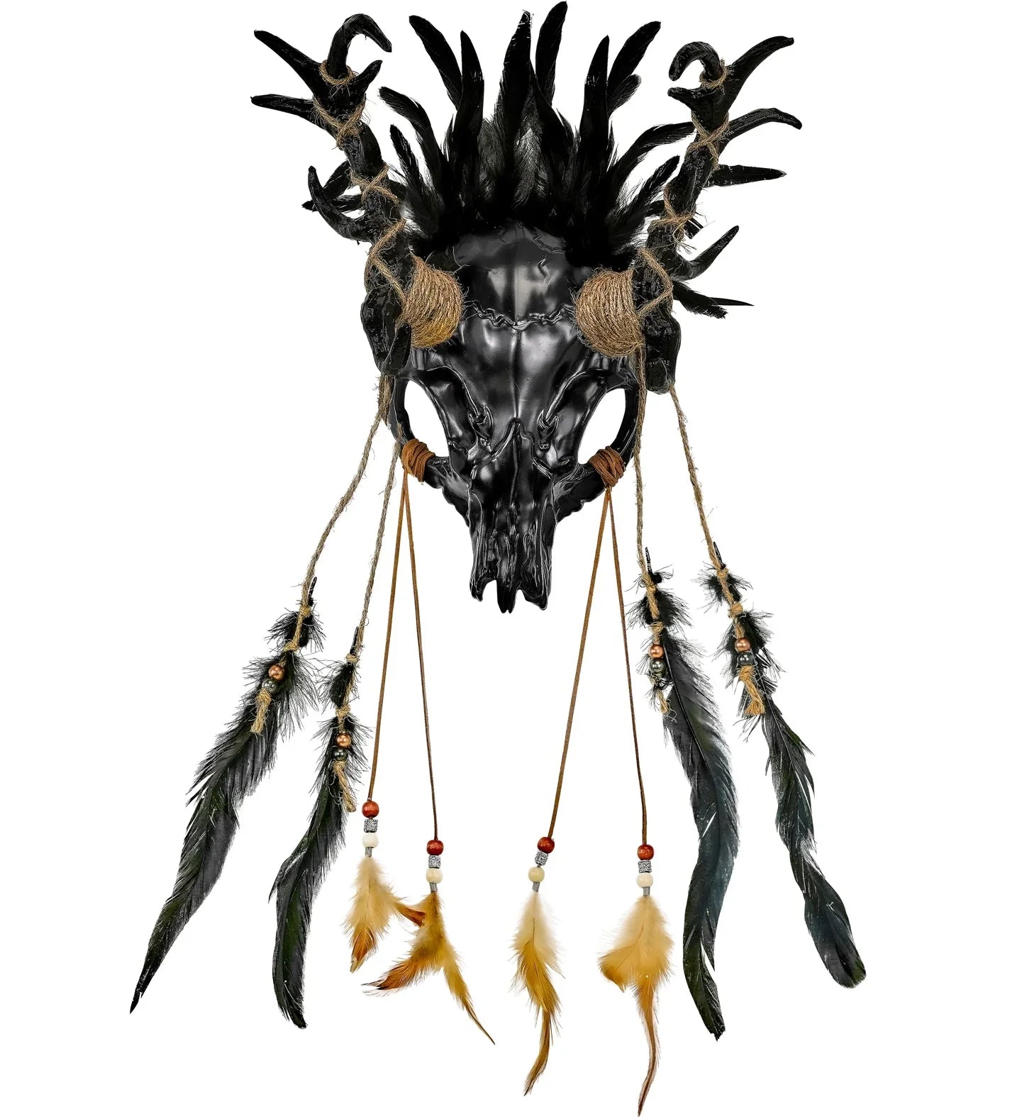Máscara de Chamán con Cráneo Negro de Ciervo y Plumas Máscaras Halloween Widmann