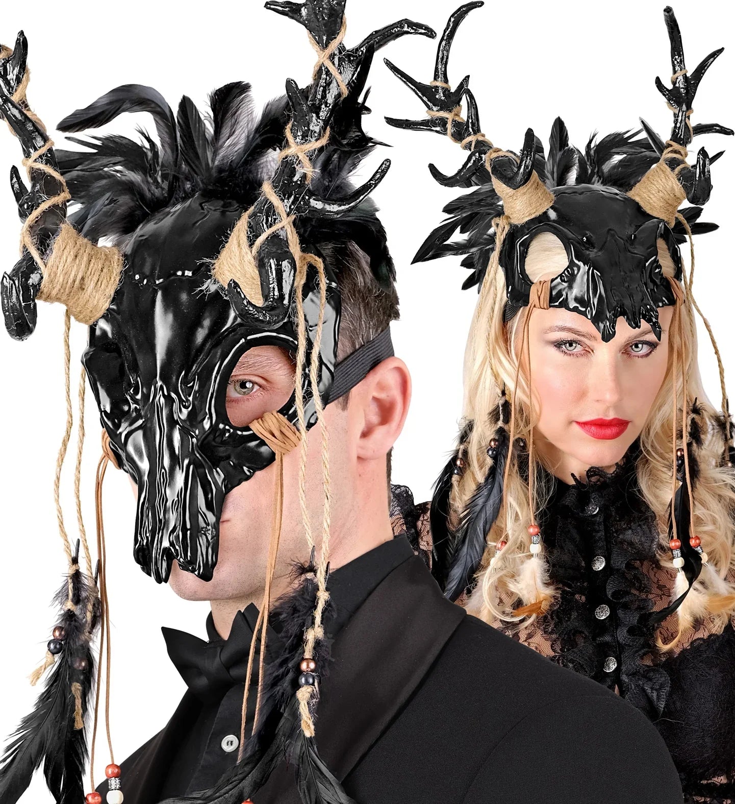 Máscara de Chamán con Cráneo Negro de Ciervo y Plumas Máscaras Halloween Widmann