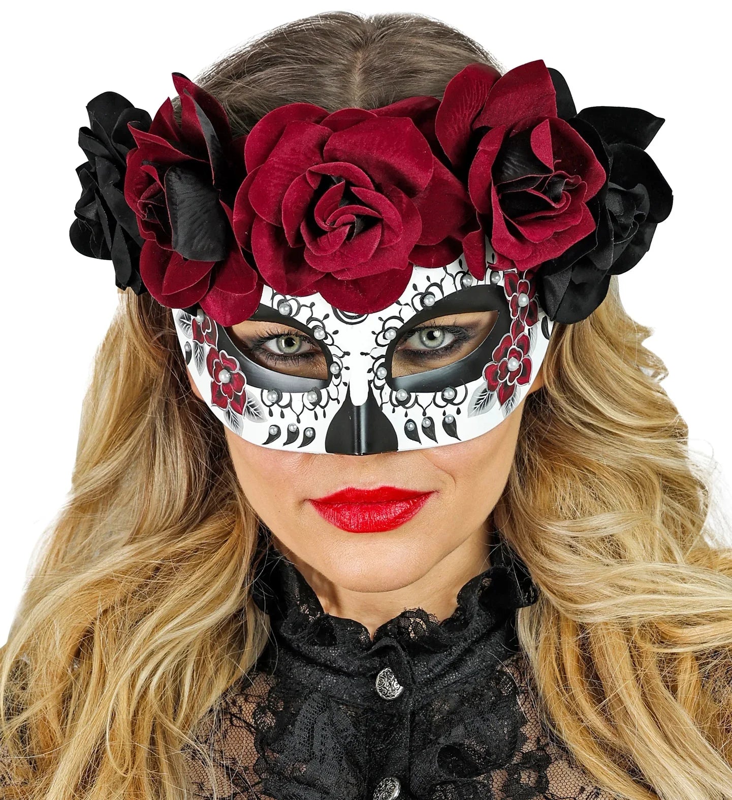 Antifaz de Catrina con Rosas Negras y Rojo Burdeos Catrina Widmann