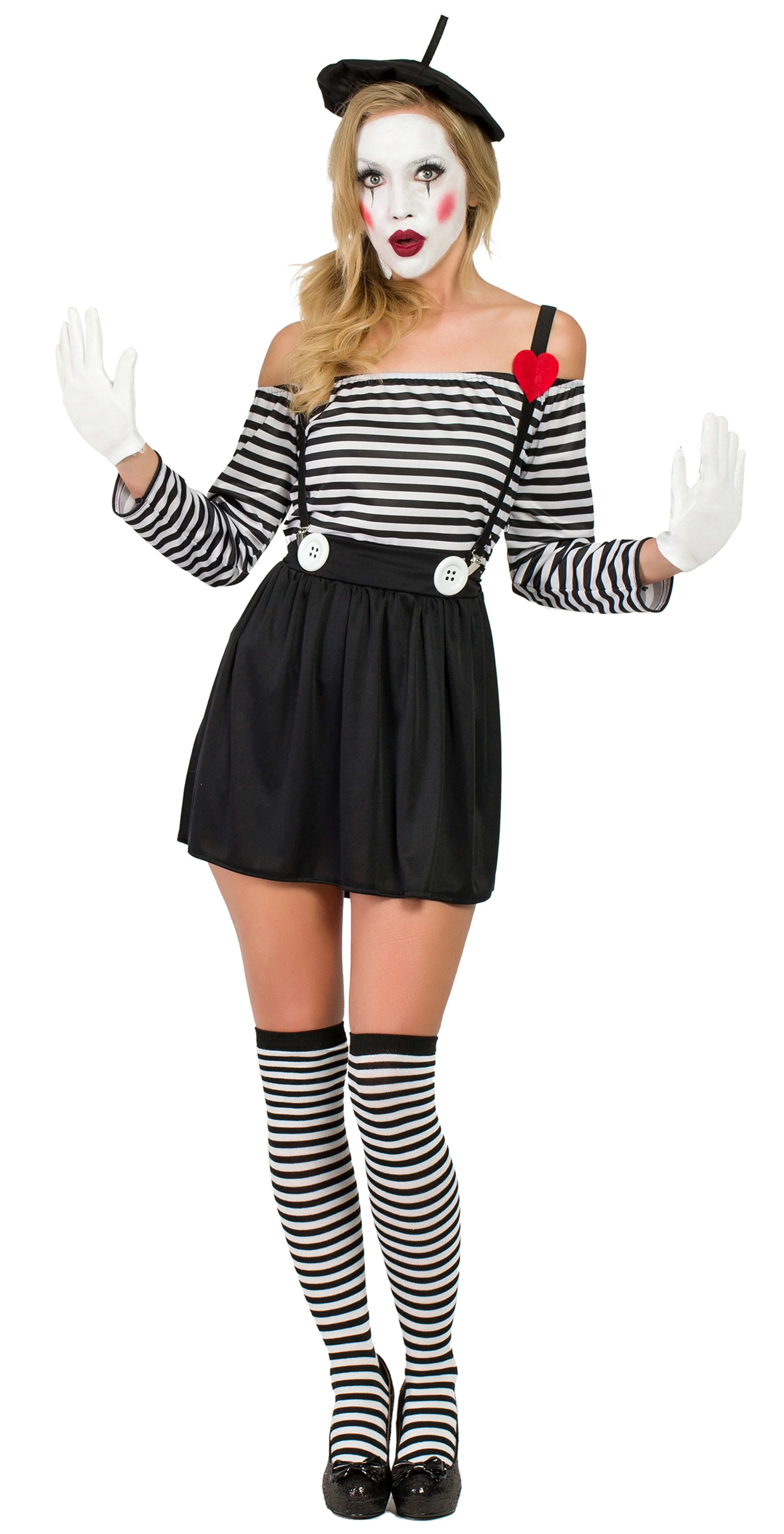 Disfraz de Mimo Corto para Mujer Payasos, Bufones y Arlequines Kimokawaii