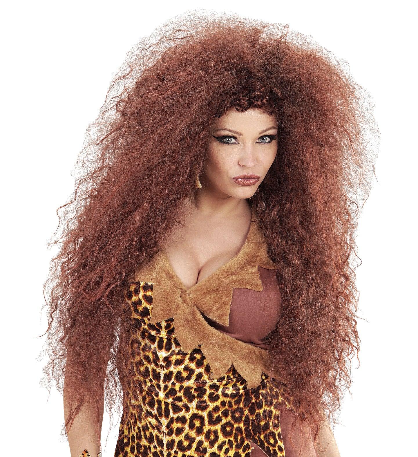 Peluca de Cavernícola Castaña Afro Larga Complementos Trogloditas y Cavernícolas Widmann
