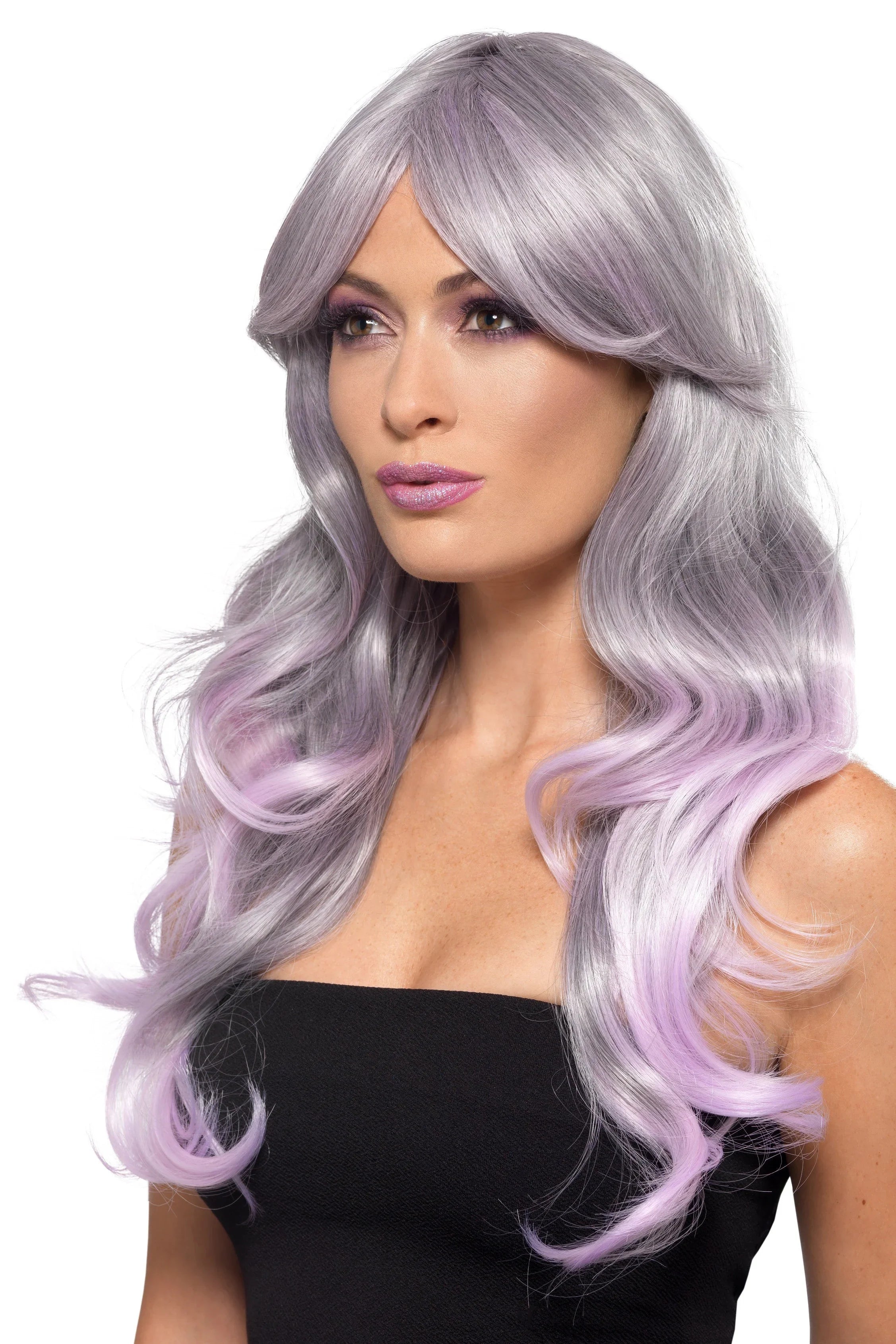 Peluca Gris con Reflejos Rosas Larga con Flequillo Pelucas Canosas Smiffys