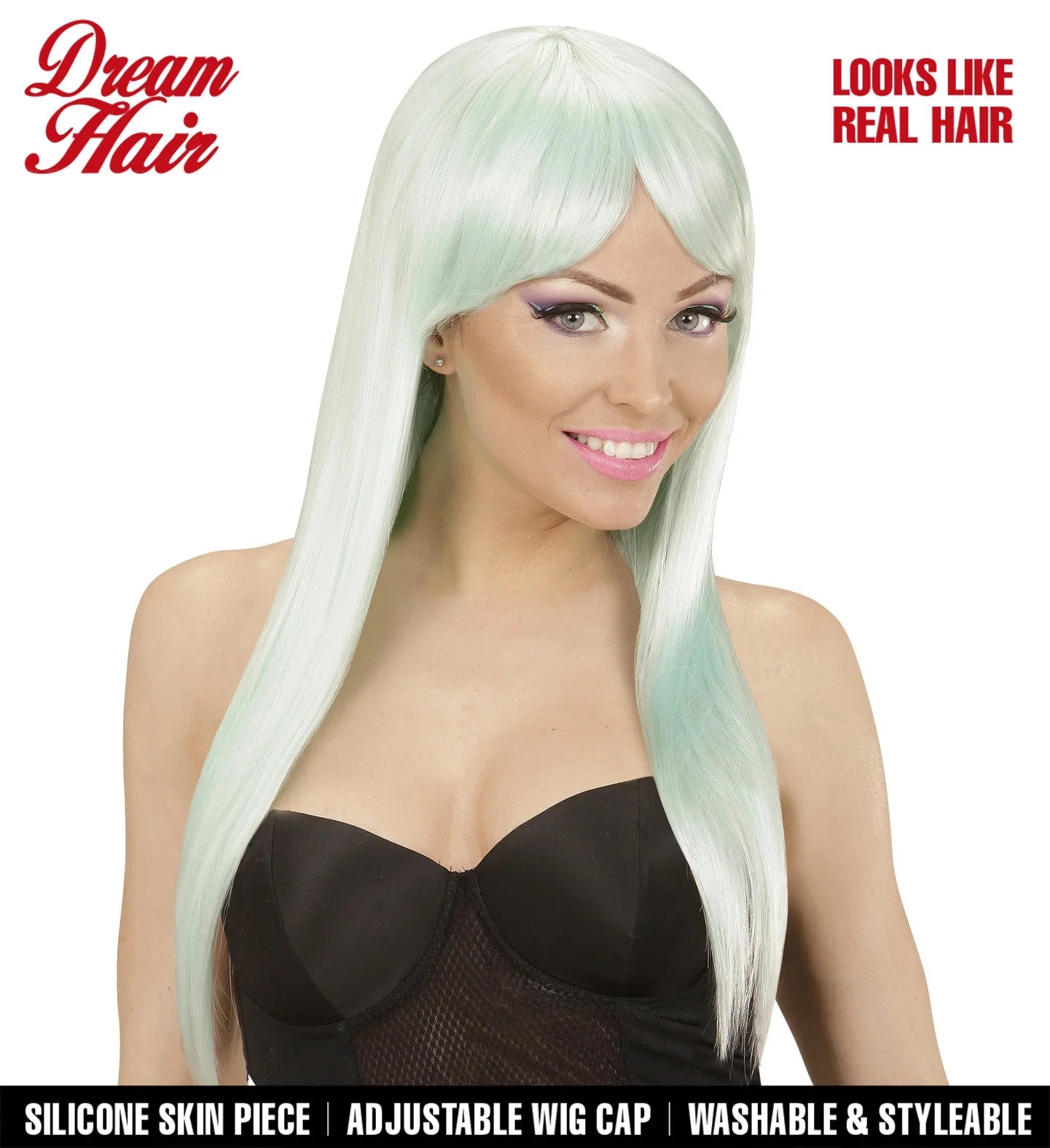 Peluca Azul Turquesa Claro Larga Lisa con Flequillo Pelucas Azules Widmann