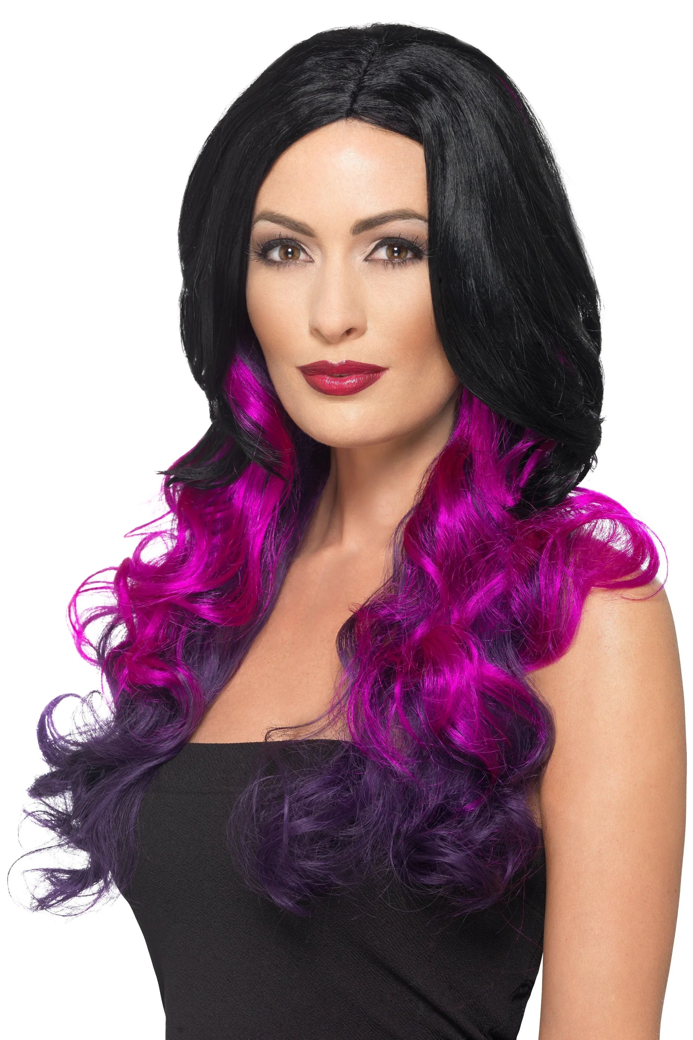 Peluca Morena con Mechas Fucsias y Moradas Pelucas Multicolor Smiffys