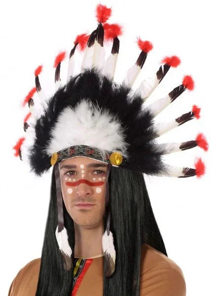 Penacho Indio con Plumas Blancas, Rojas y Negras Complementos Indios Atosa