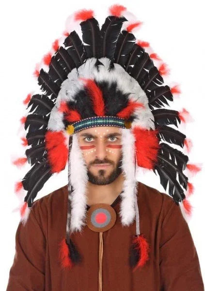 Penacho Indio con Plumas Negras, Rojas y Blancas Complementos Indios Atosa