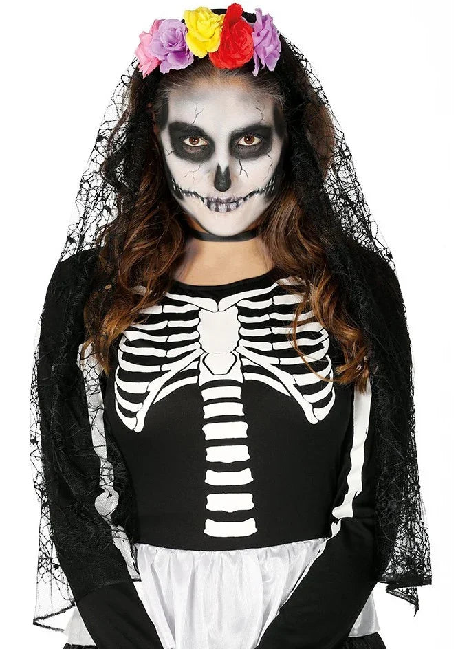 Diadema de Catrina con Flores Multicolor y Velo Catrina Guirca