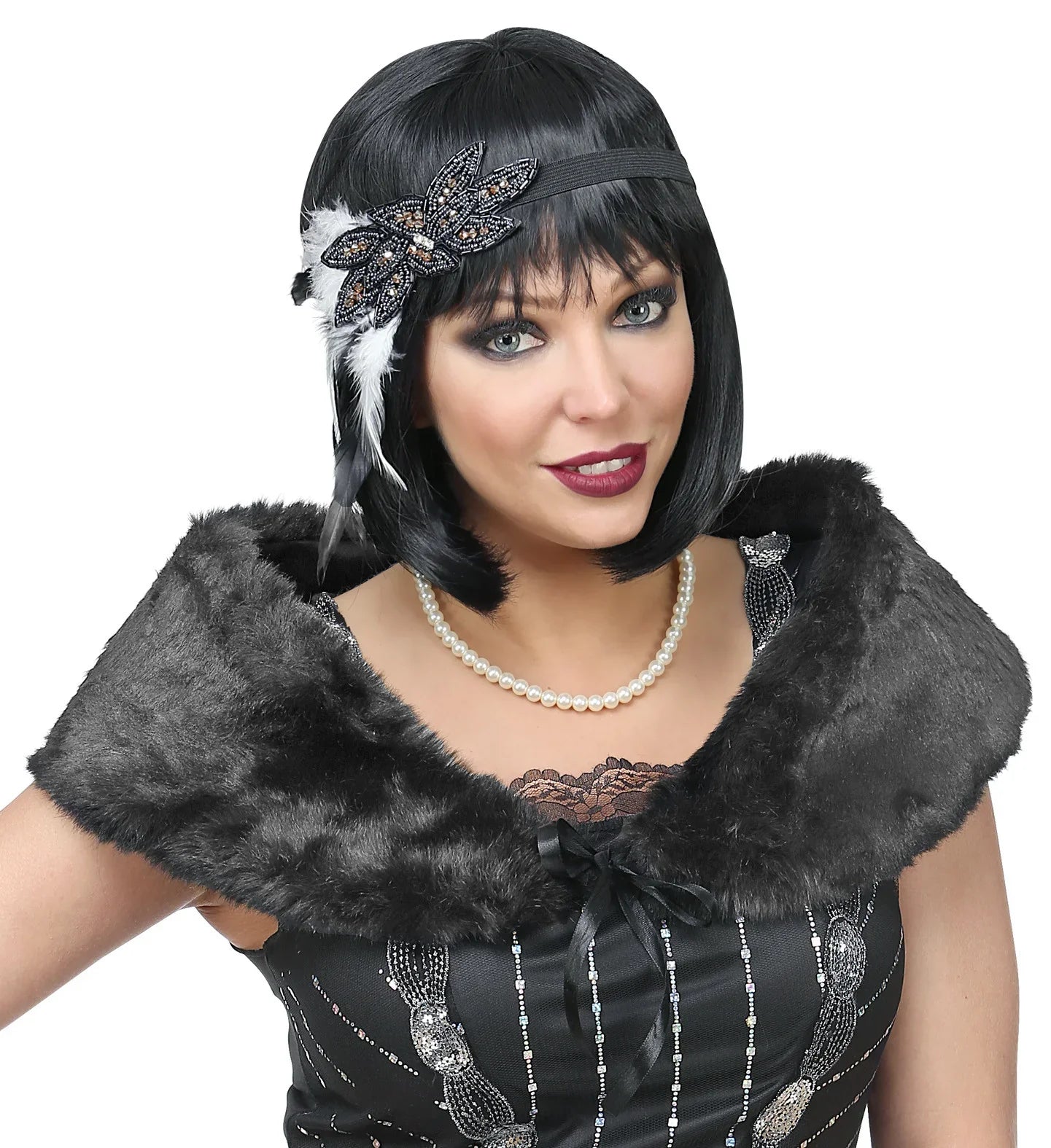 Estola Negra de Piel y Tocado con Broche y Pluma Complementos Charlestón y Gangster Widmann