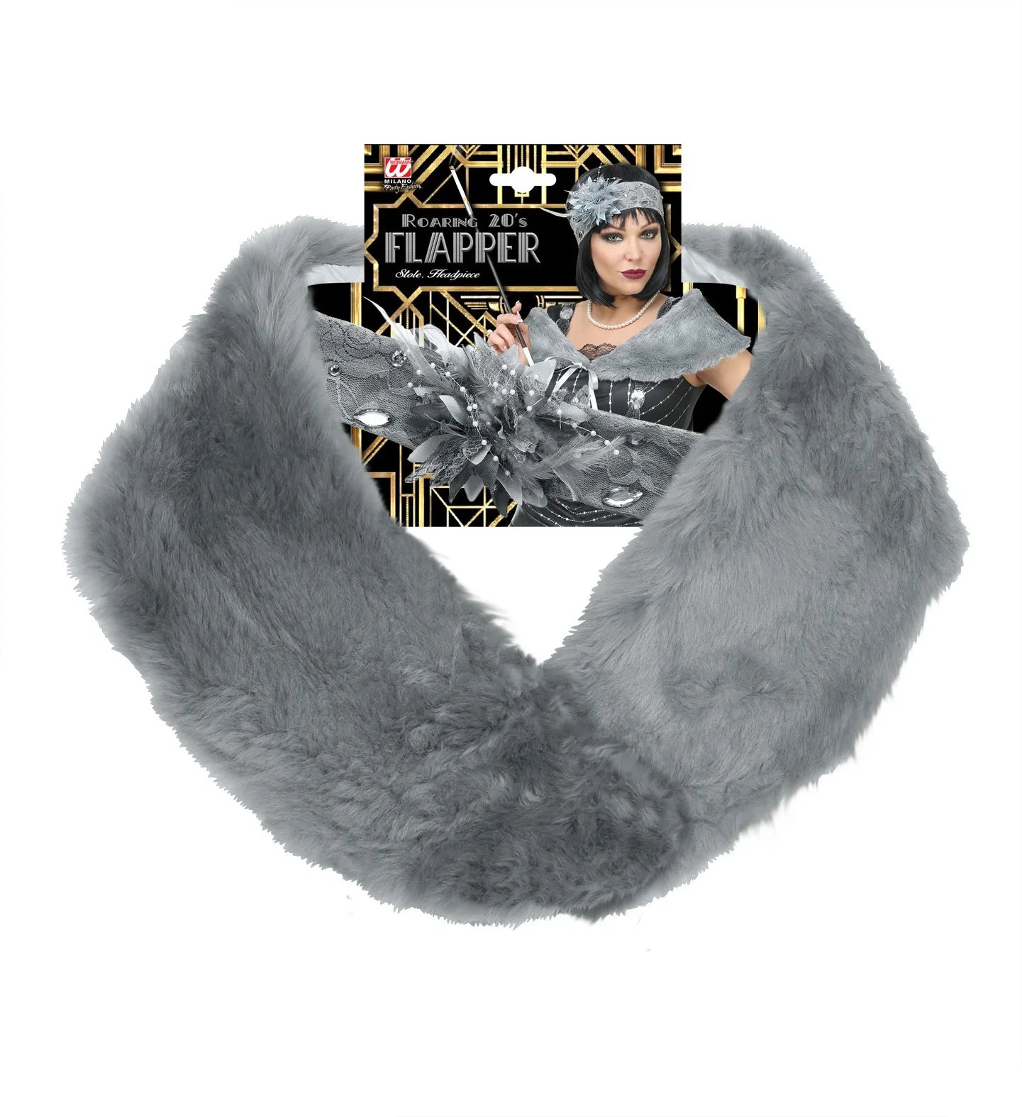 Estola Gris de Piel y Cinta de Encaje con Pedrería y Flor Complementos Charlestón y Gangster Widmann
