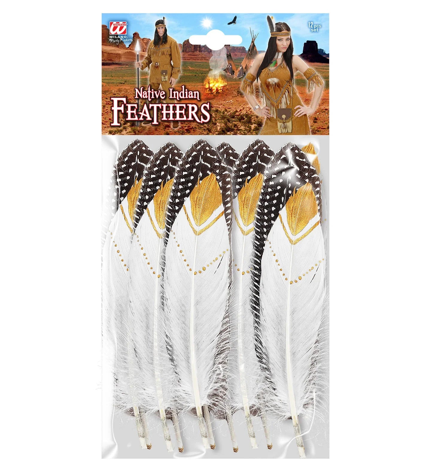 Set de Plumas de Indio Decoradas Blancas y Negras Complementos Indios Widmann