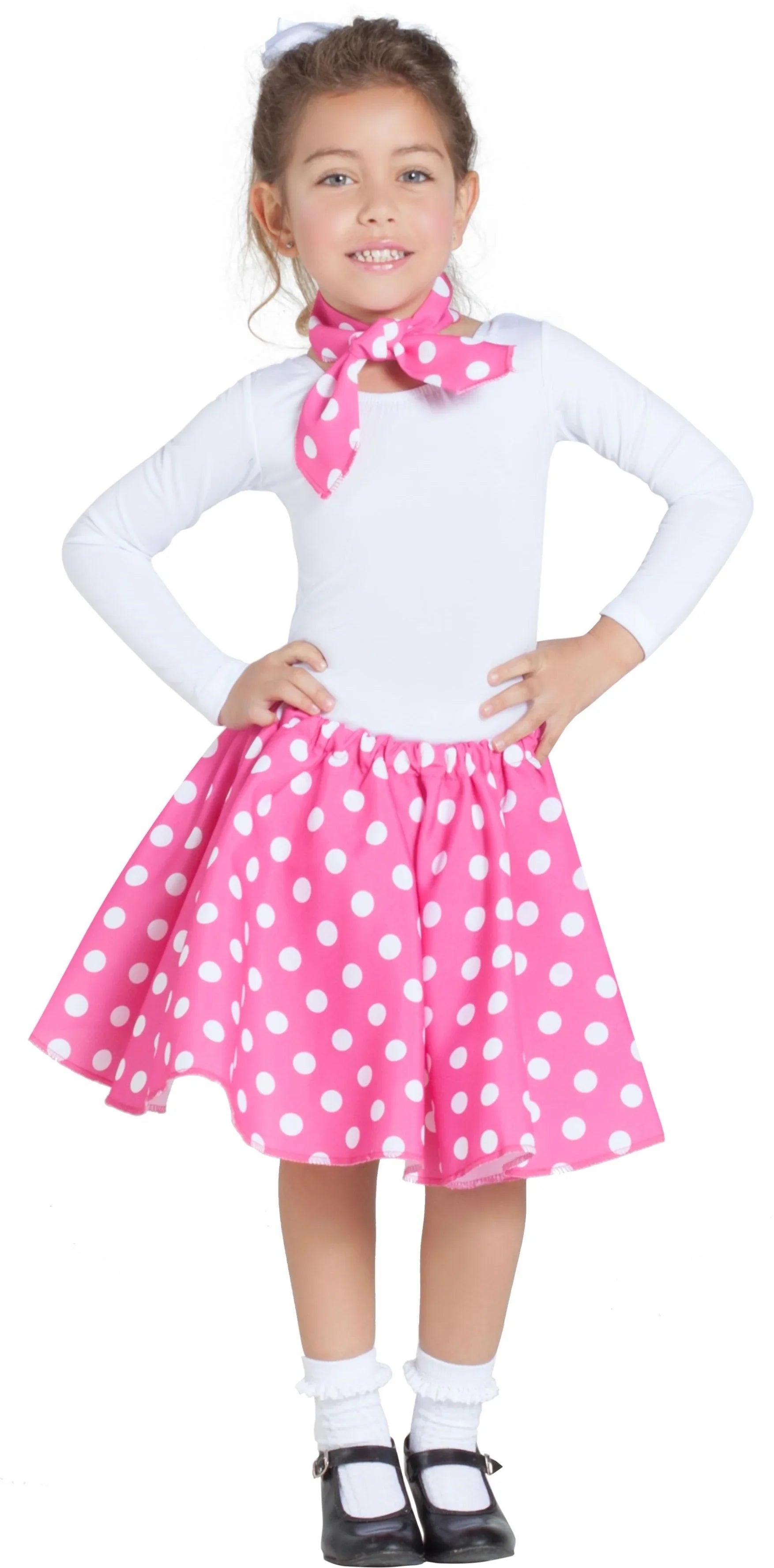 Falda Rosa Años 50 con Lunares y Pañuelo Infantil Complementos Grease Años 40 - 50 Kimokawaii