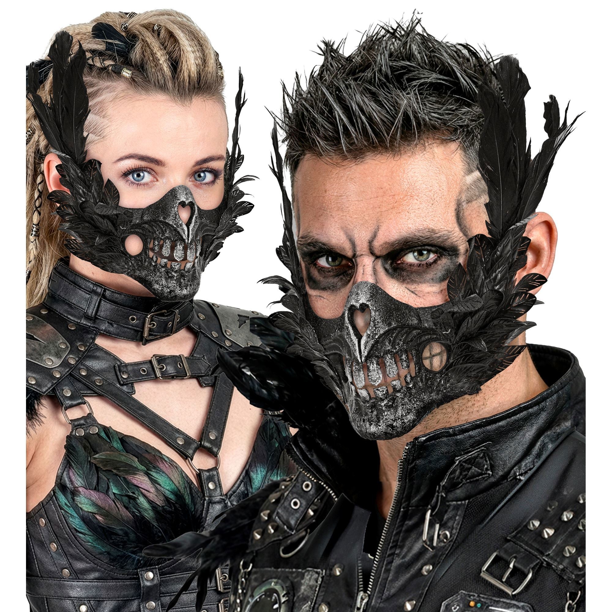 Demi-masque de crâne avec plumes