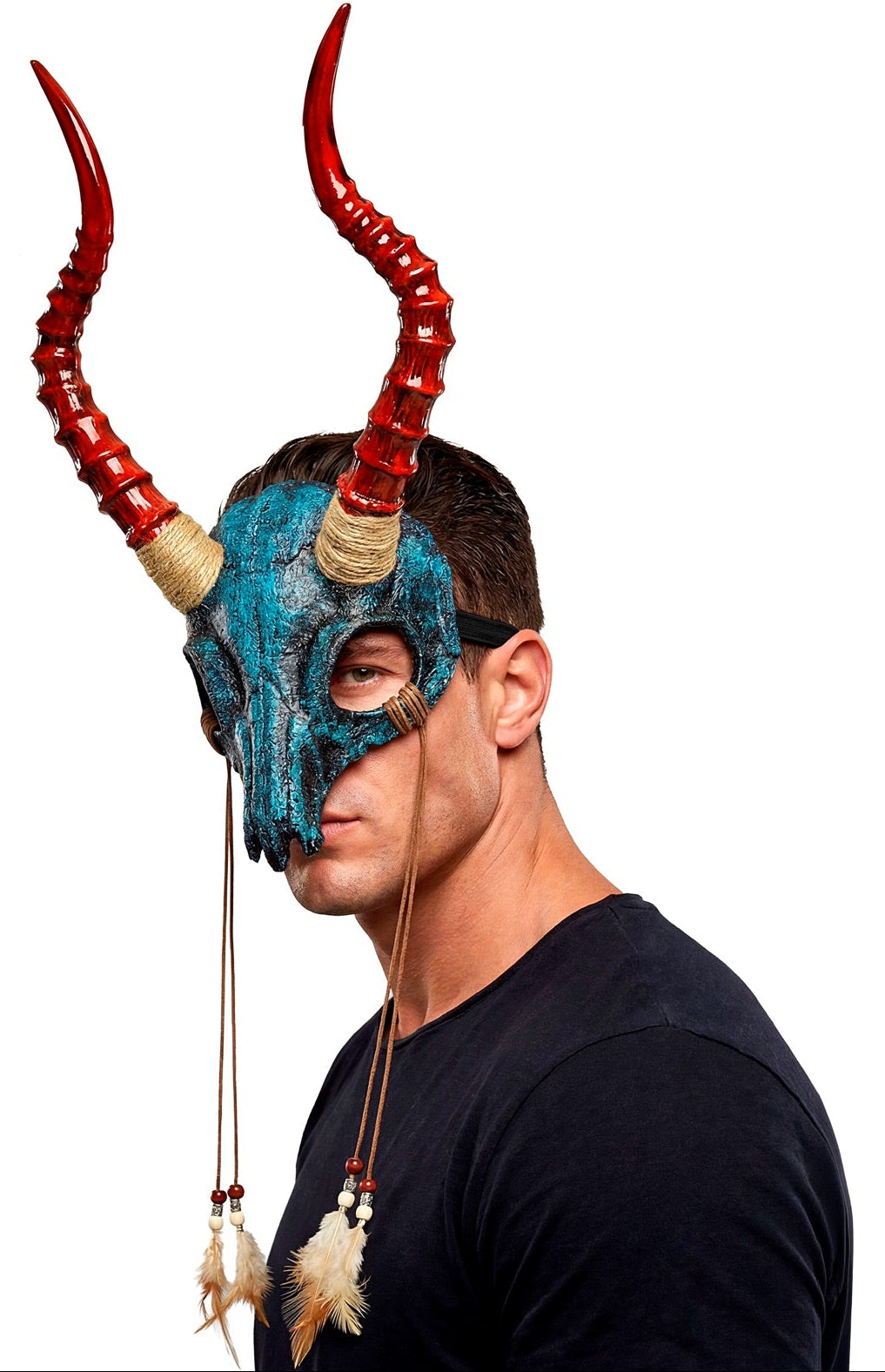 Masque chamanique de crâne avec cornes en couleur bleue