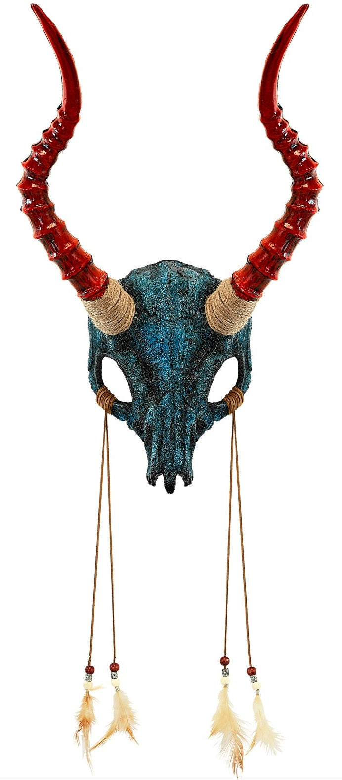 Masque chamanique de crâne avec cornes en couleur bleue