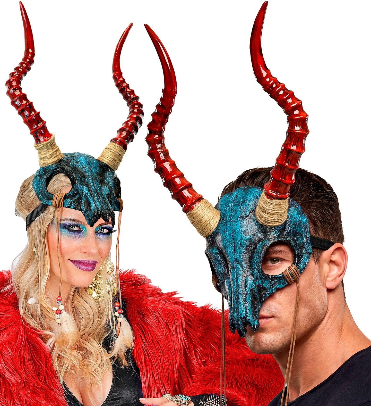Masque chamanique de crâne avec cornes en couleur bleue