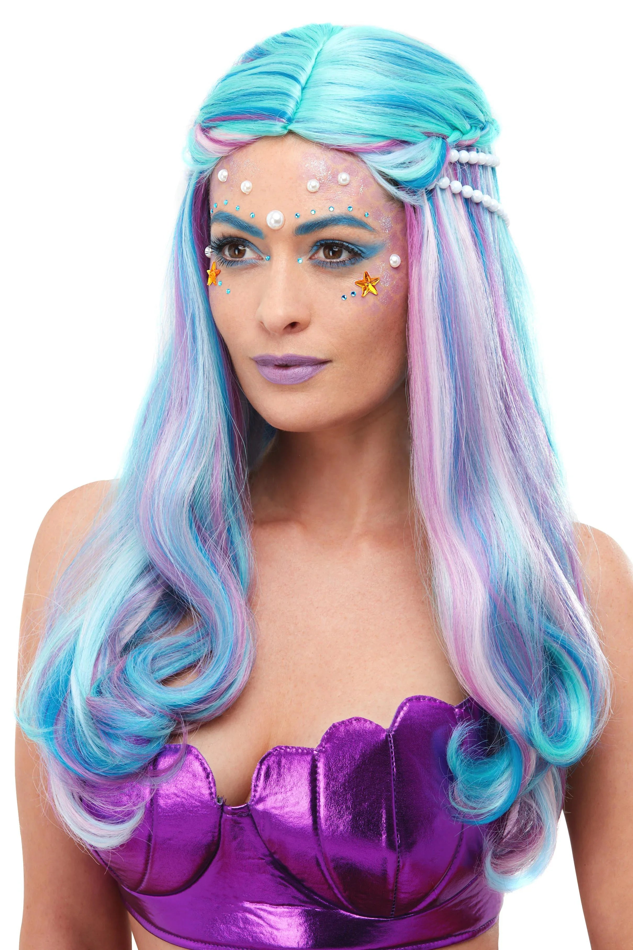 Peluca de Sirena Multicolor Larga con Perlas Pelucas Multicolor Smiffys