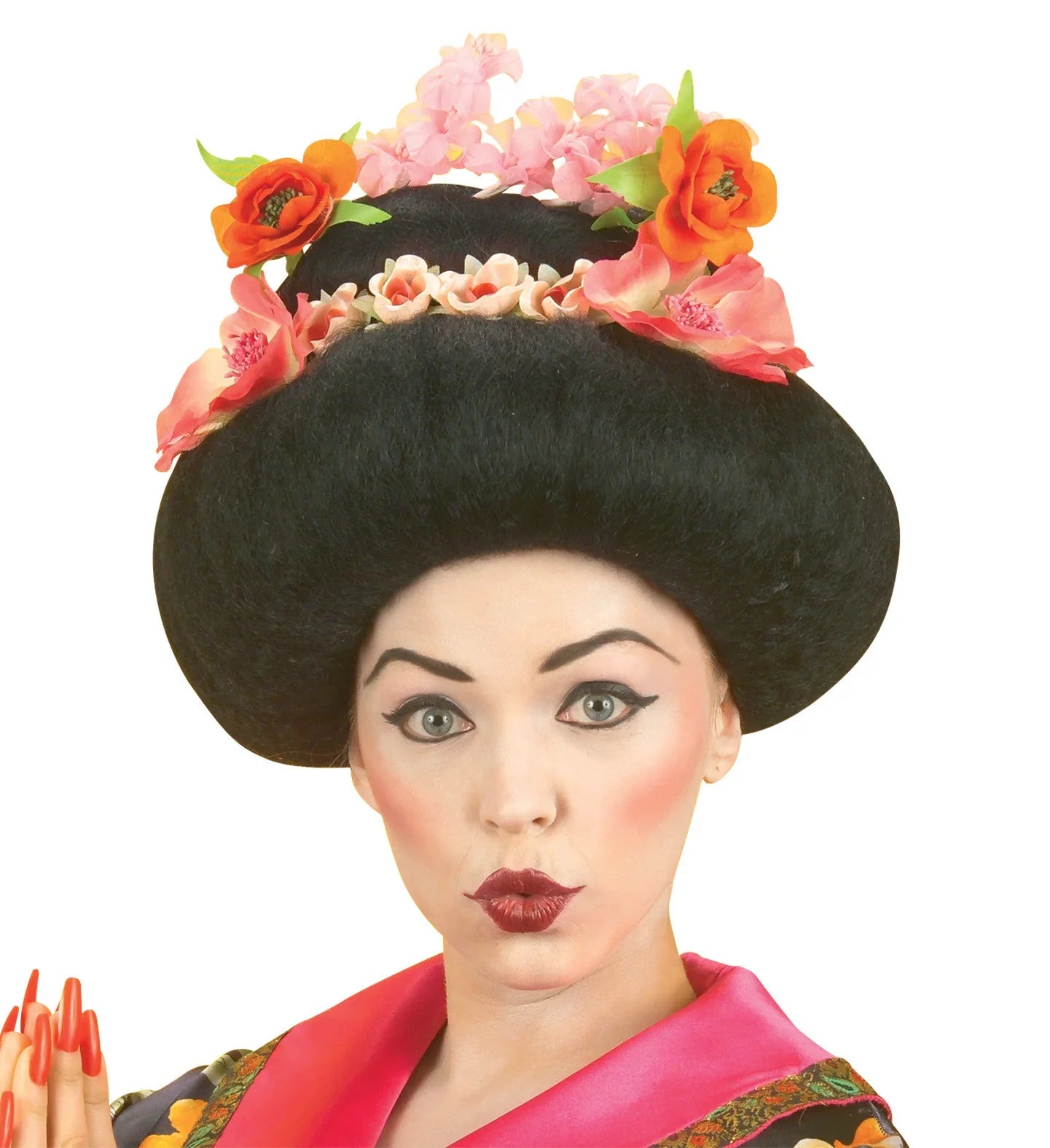 Peluca de Geisha Morena con Flores Lujo COMPLEMENTOS Widmann
