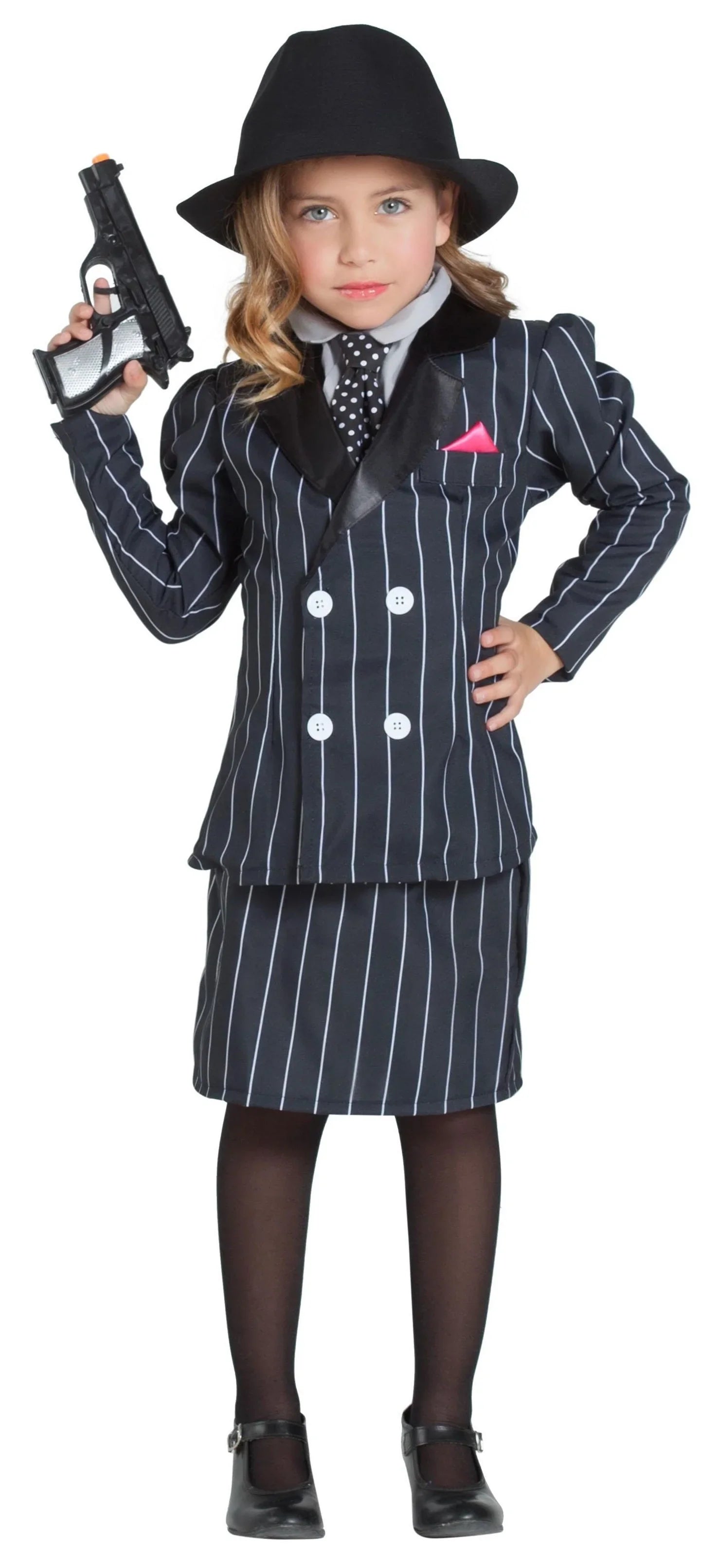 Disfraz de Mafiosa con Traje a Rayas para Niña Gánster y Mafioso Kimokawaii