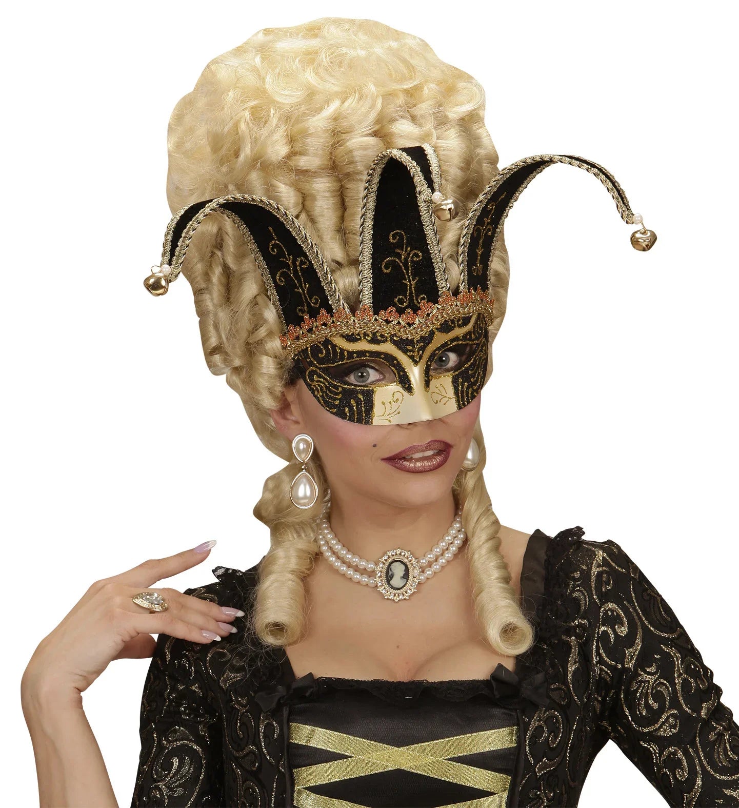 Máscara Veneciana Negra y Dorada con Cascabeles Complementos Venecianos y de Época Widmann