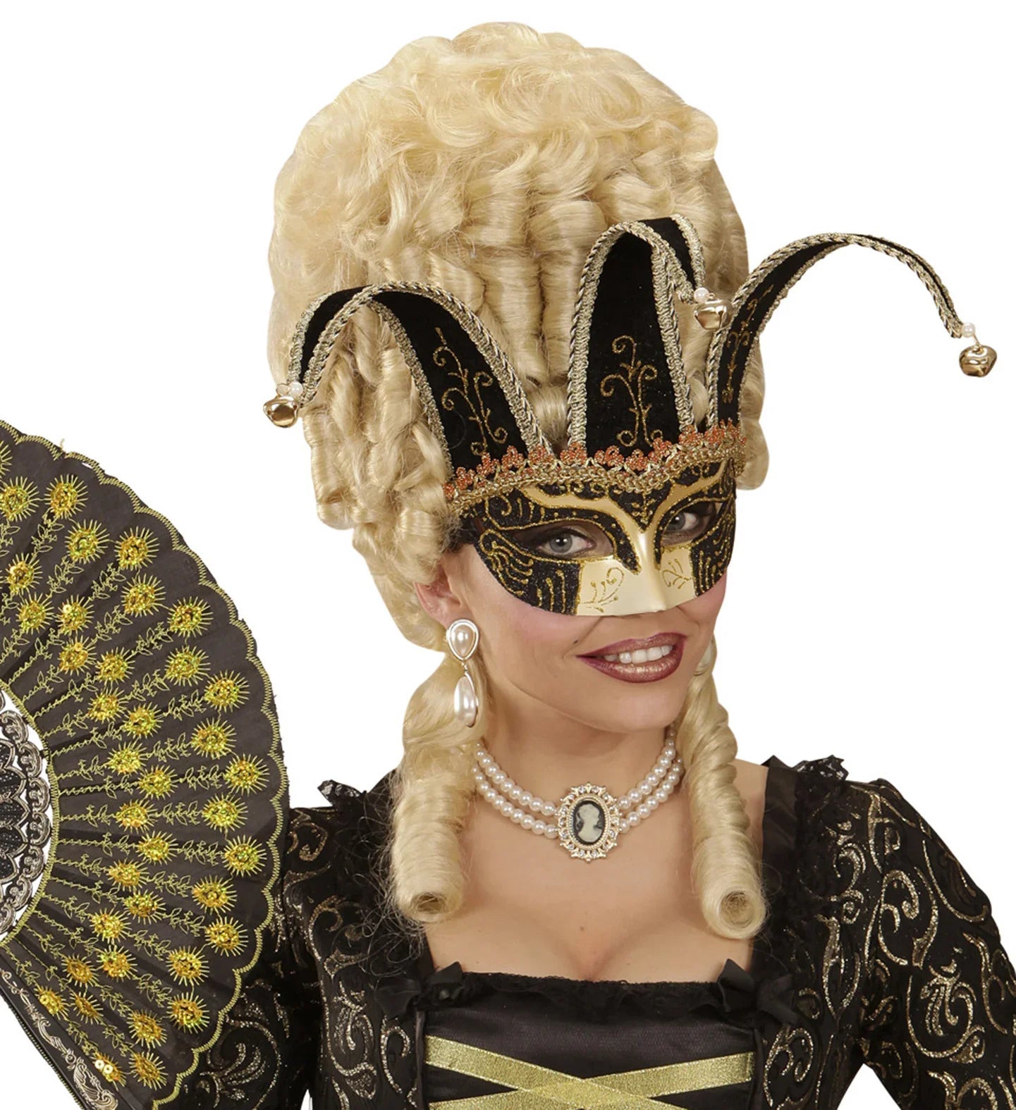 Máscara Veneciana Negra y Dorada con Cascabeles Complementos Venecianos y de Época Widmann