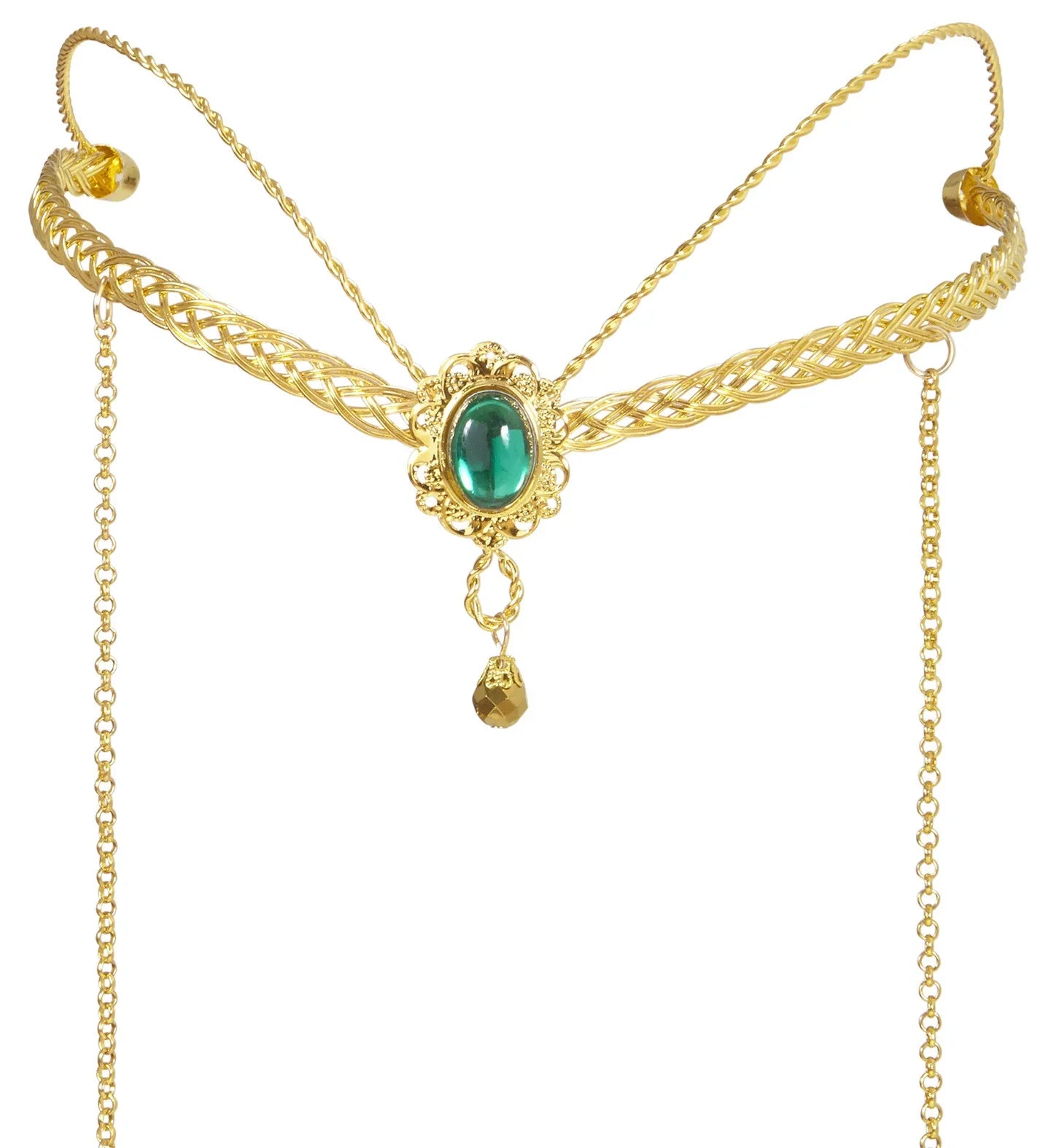 Tiara Élfica Dorada con Gema Verde y Colgantes Coronas y Tiaras Widmann