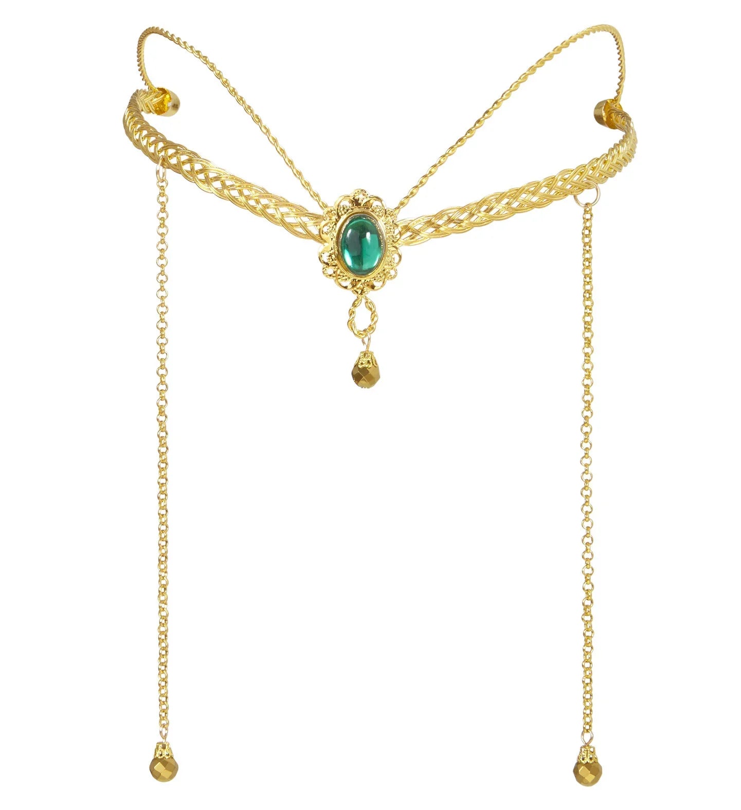 Tiara Élfica Dorada con Gema Verde y Colgantes Coronas y Tiaras Widmann