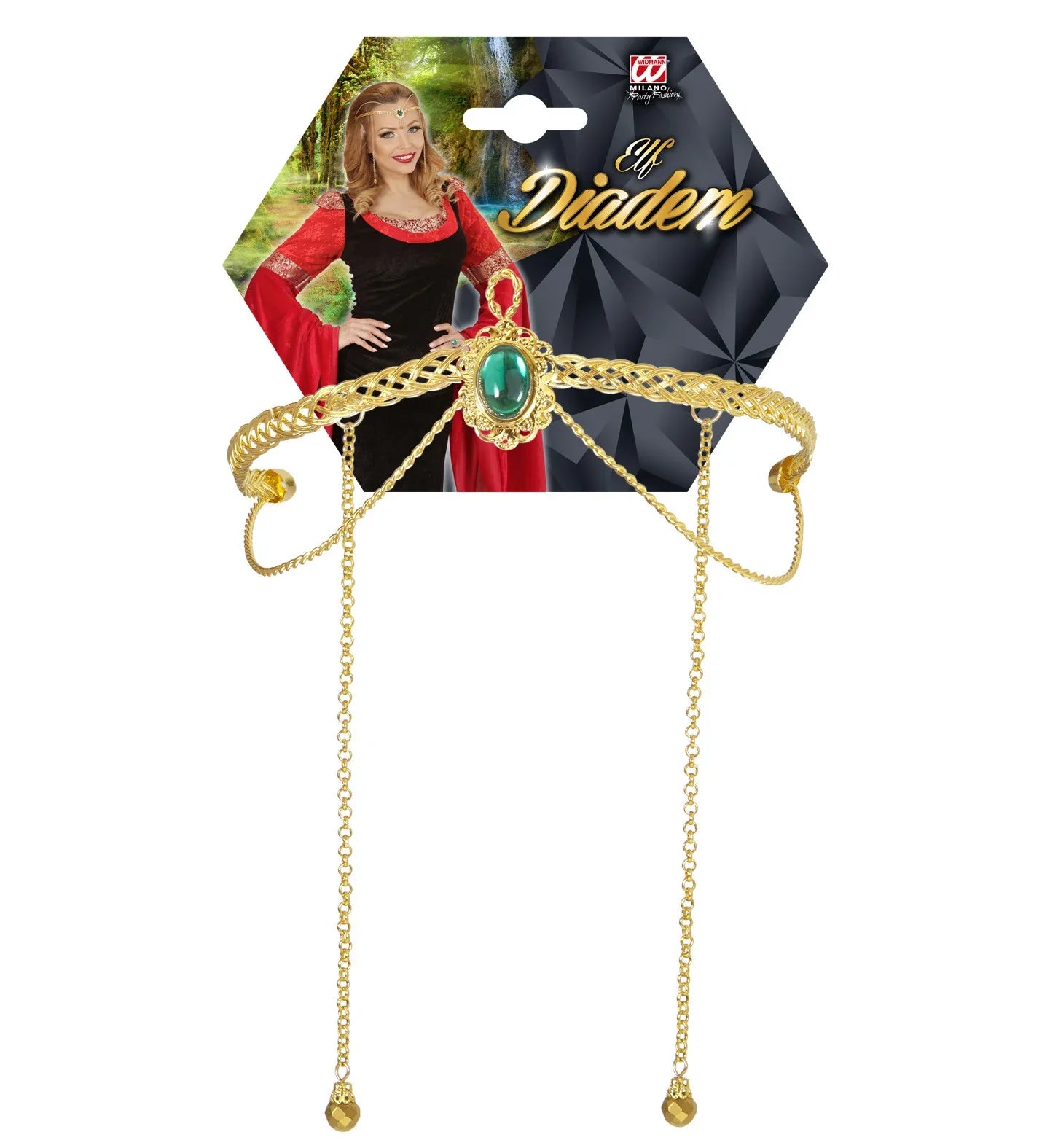 Tiara Élfica Dorada con Gema Verde y Colgantes Coronas y Tiaras Widmann