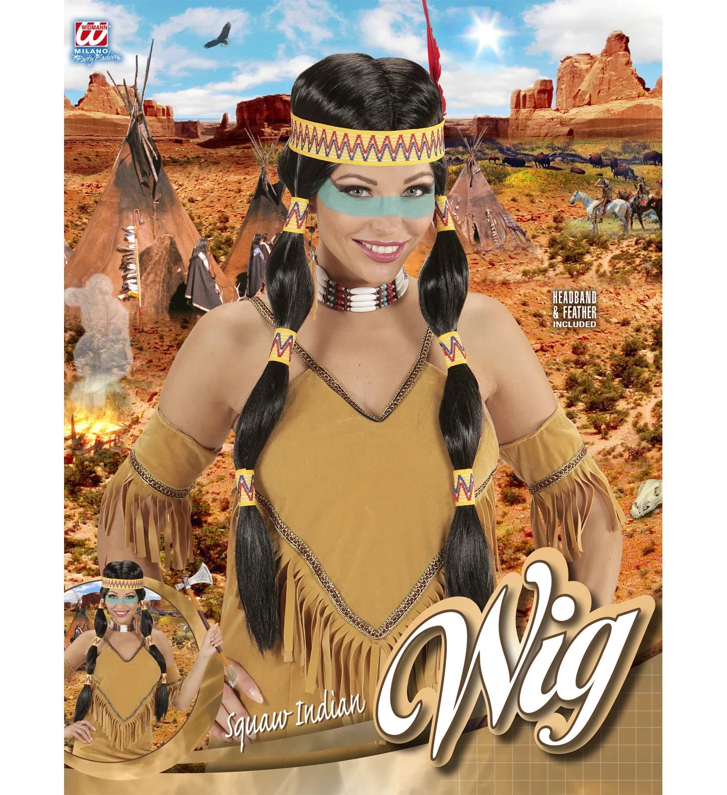 Peluca de India con Coletas y Cinta con Pluma Complementos Indios Widmann