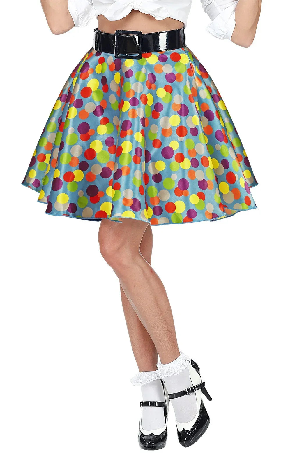 Falda Azul Años 50 con Lunares Multicolor Complementos Grease Años 40 - 50 Widmann