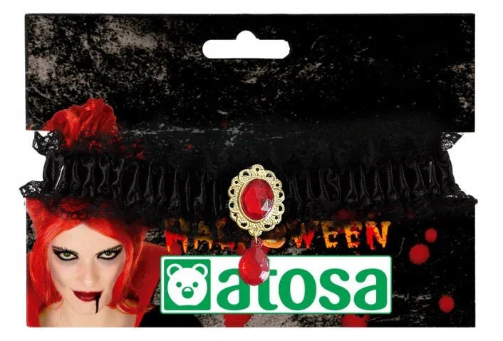 Liga Negra de Encaje con Broche de Piedras Rojas Accesorios Halloween Atosa