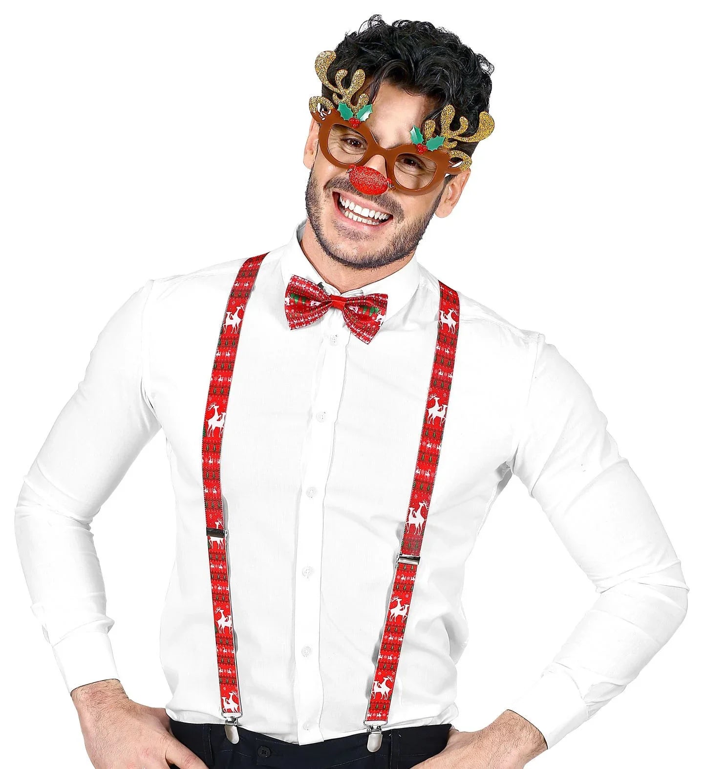 Kit de Reno Rudolf con Gafas, Pajarita y Tirantes Renos Widmann