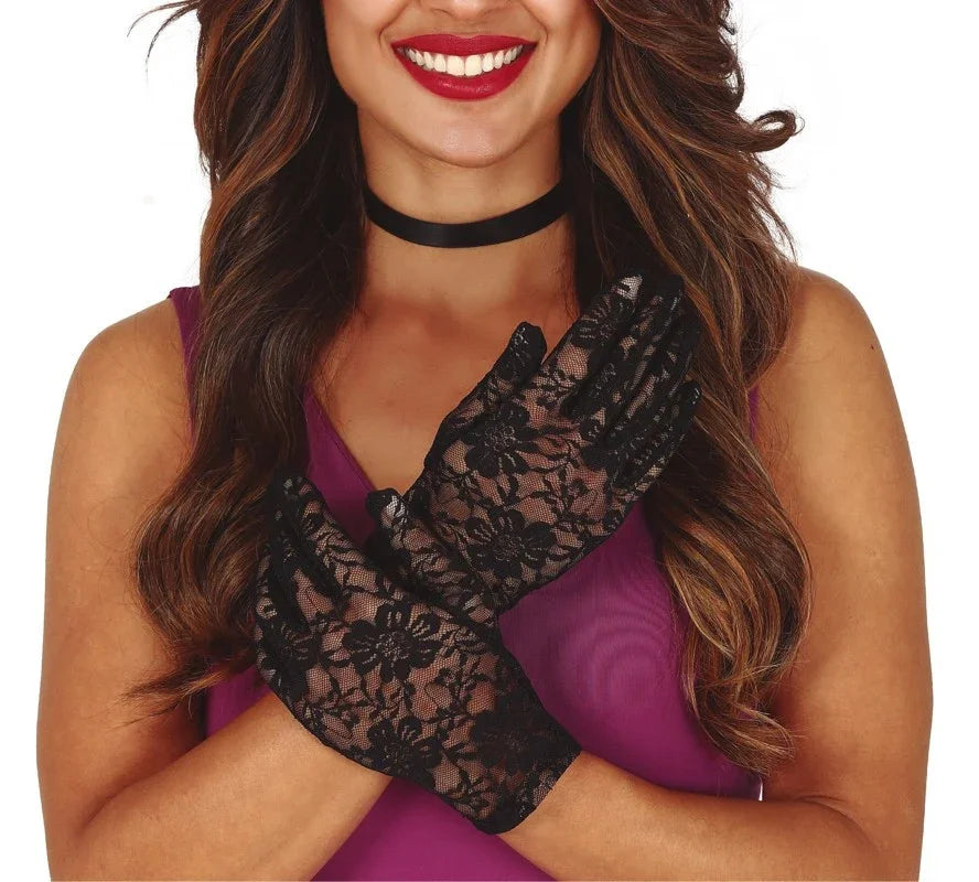 Guantes de Encaje Negros con Flores Guantes Guirca