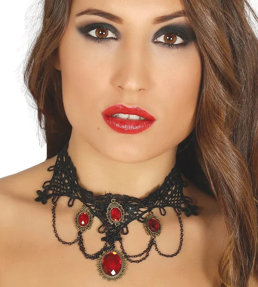 Collar de Vampiresa Negro con Piedras Rojas Joyas y Bisutería Guirca