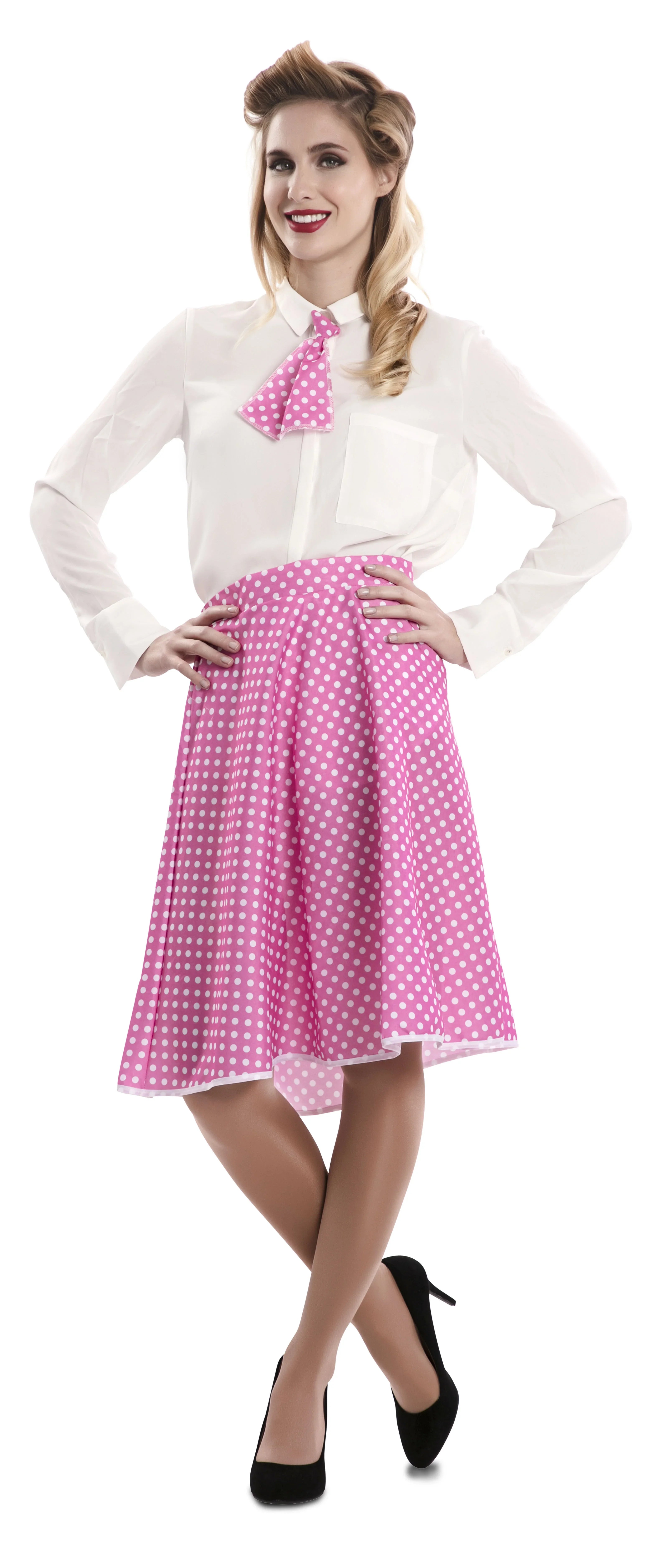 Falda Pin Up Rosa con Lunares y Pañuelo para Mujer Grease y Años 40 - 50 EuroCarnavales