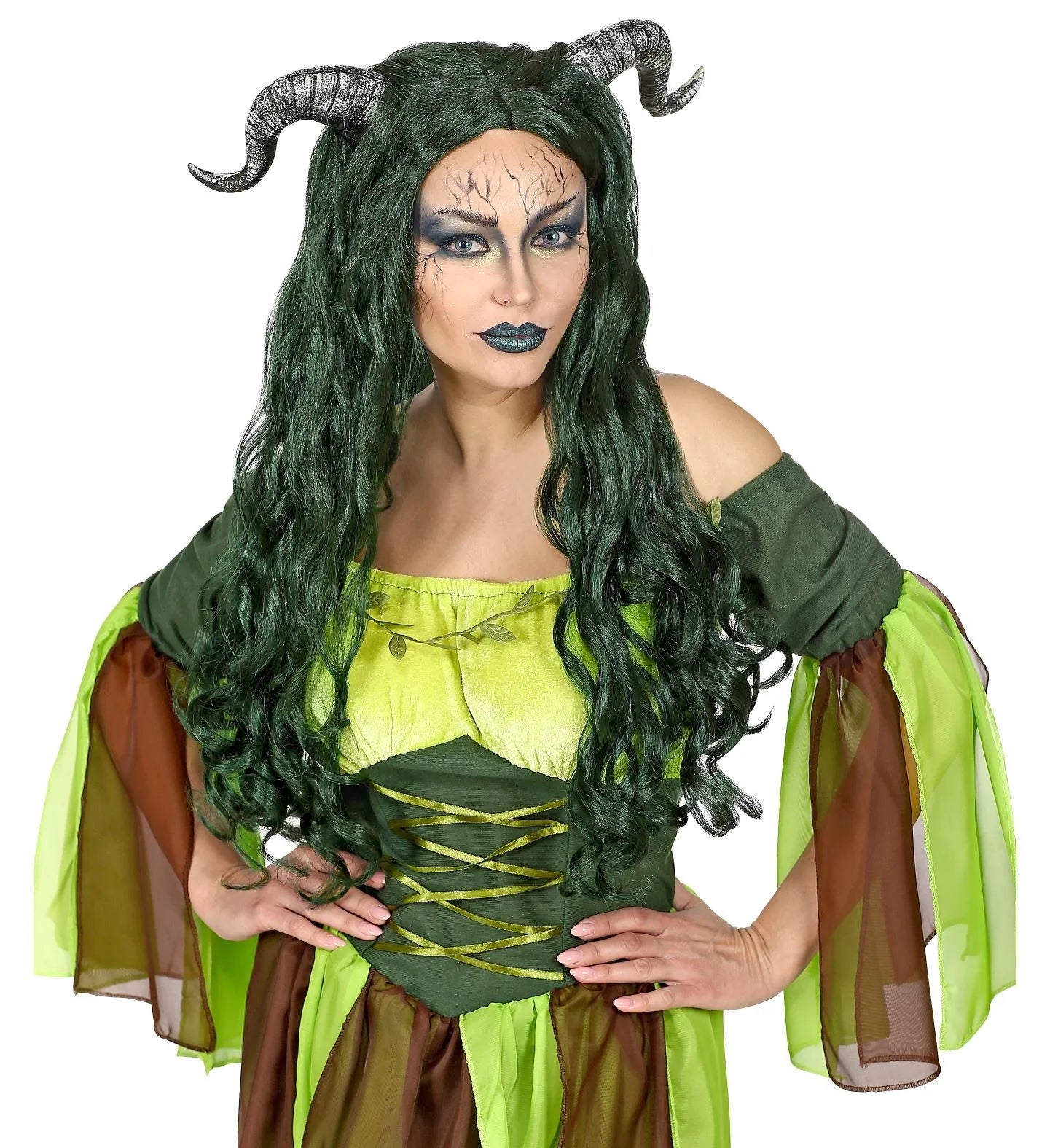 Peluca de Bruja del Bosque Verde con Cuernos Accesorios Halloween Widmann