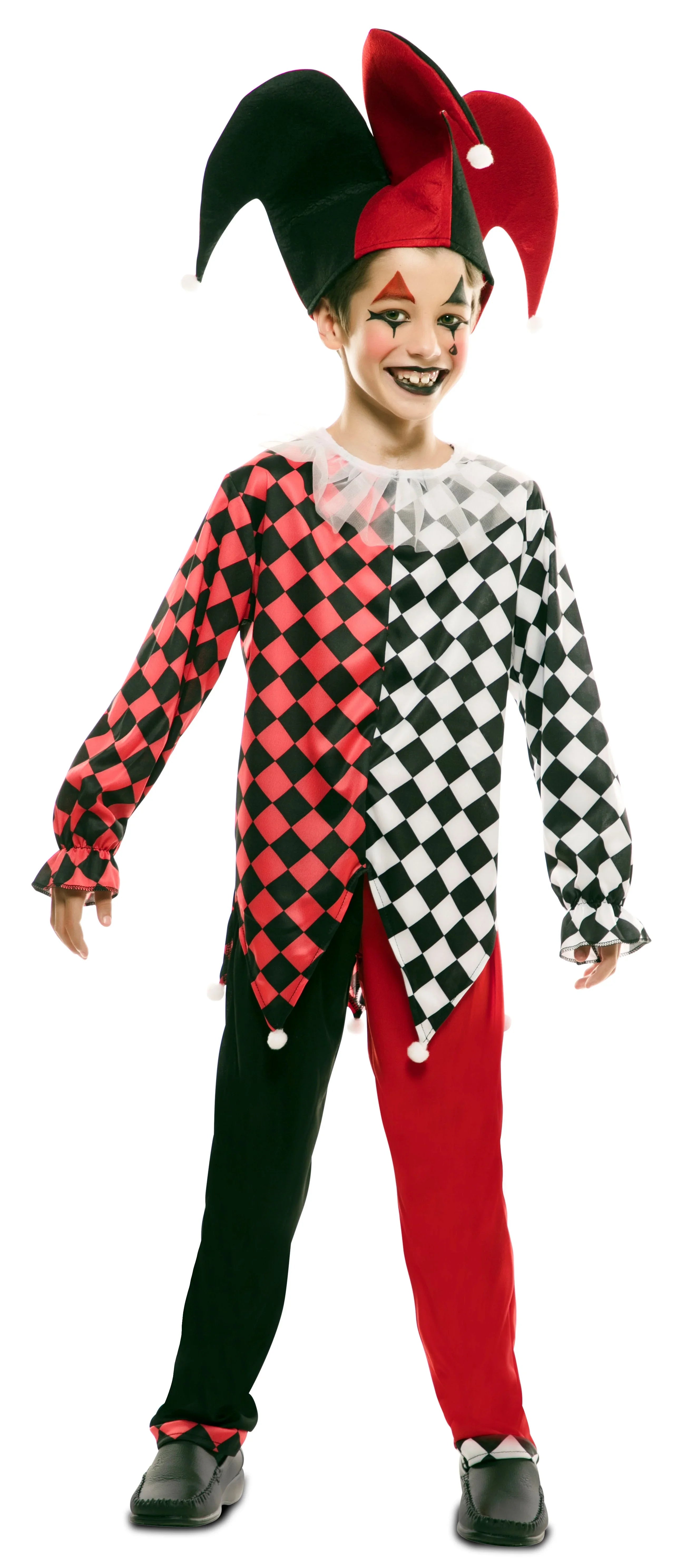 Disfraz de Arlequín Rojo y Negro para Niño Arlequines y Bufones EuroCarnavales