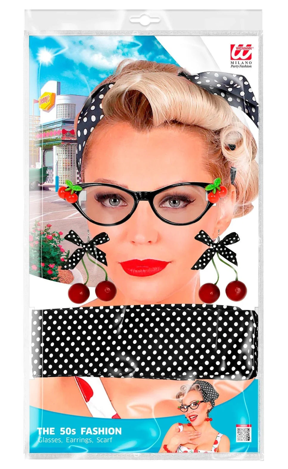 Set Pin Up Años 50 con Gafas, Pendientes y Pañuelo Complementos Grease Años 40 - 50 Widmann