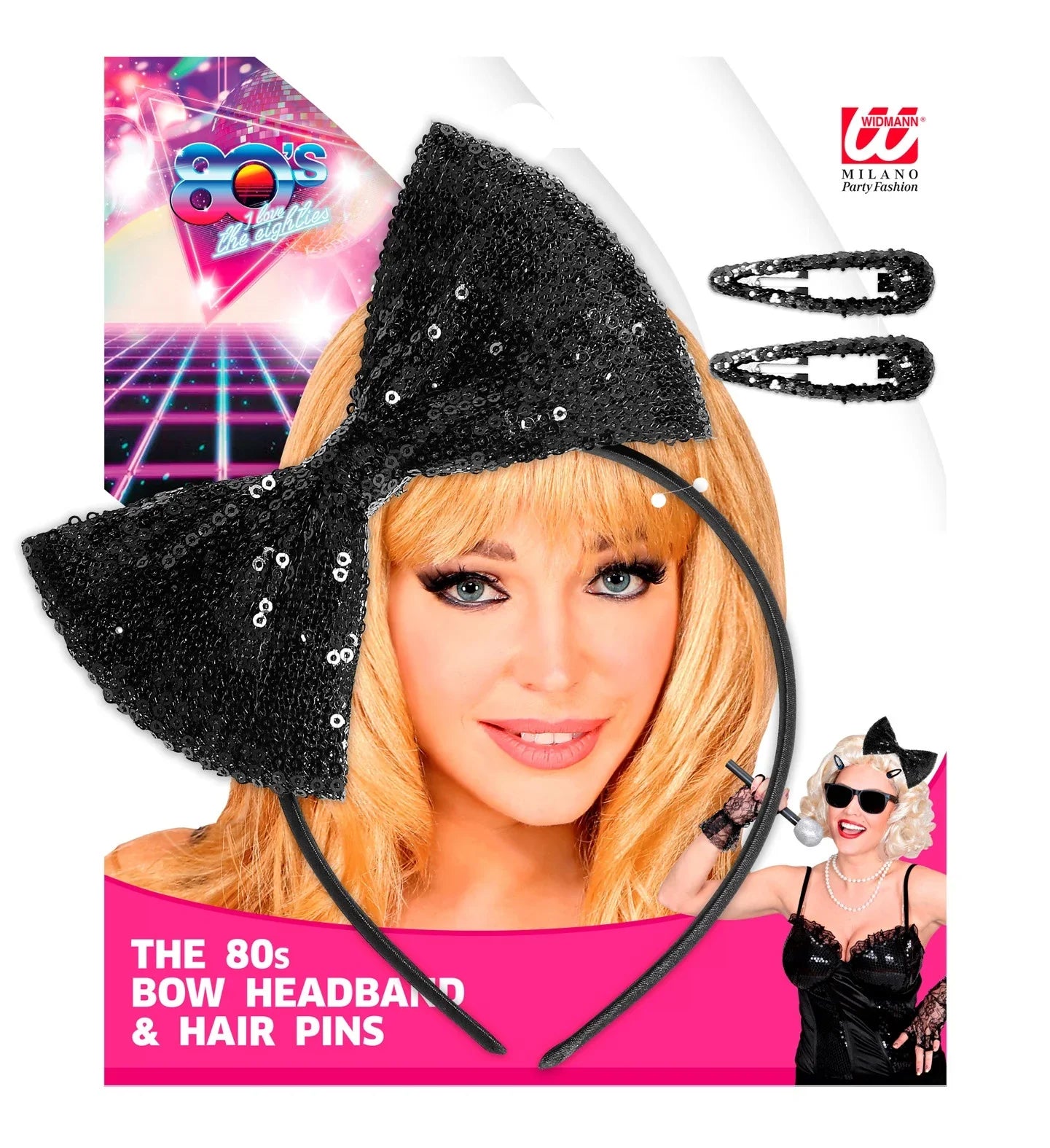 Diadema Años 80 Negra y Horquillas con Lentejuelas Años 80 Widmann