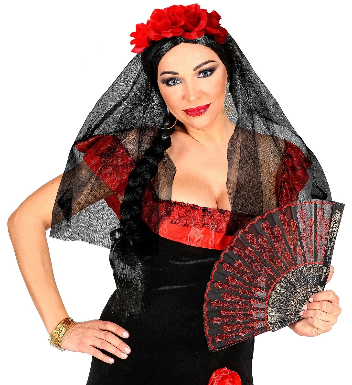 Tocado de Catrina con Rosas Rojas y Velo Negro Catrina Widmann