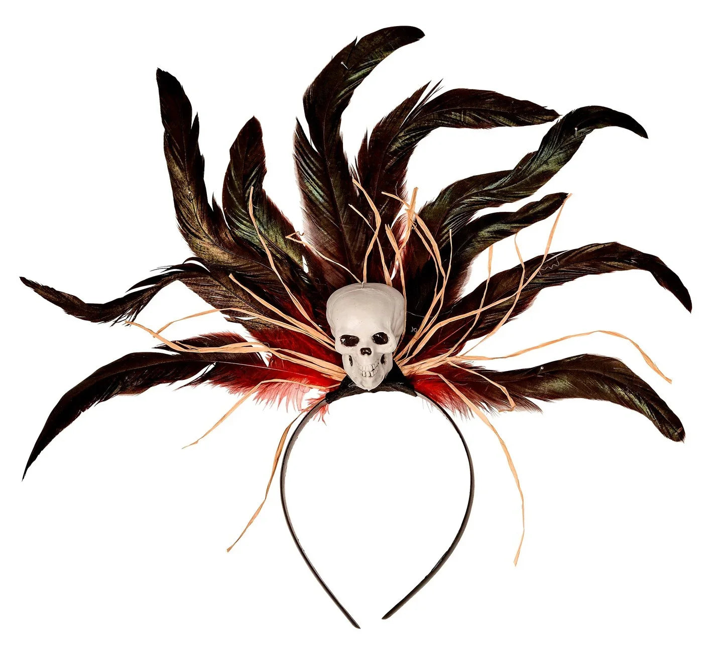 Tocado Vudú con Calavera y Plumas Rojas y Negras Hechiceros y Muñecas Vudú Widmann