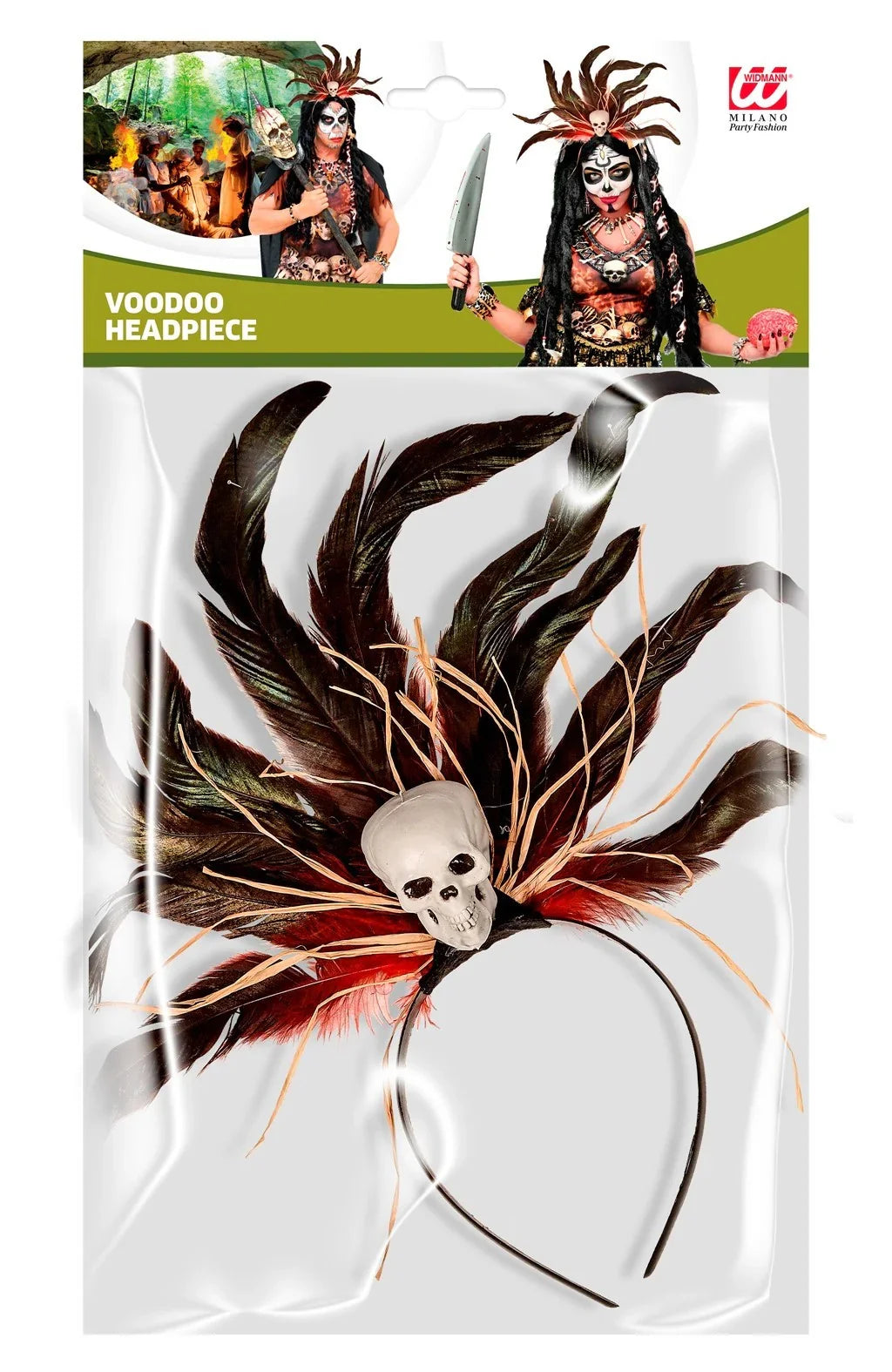 Tocado Vudú con Calavera y Plumas Rojas y Negras Hechiceros y Muñecas Vudú Widmann