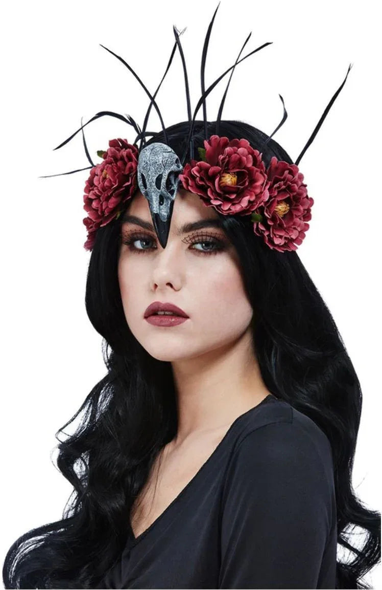 Diadema con Flores, Plumas y Calavera de Pájaro Diademas de Flores Smiffys