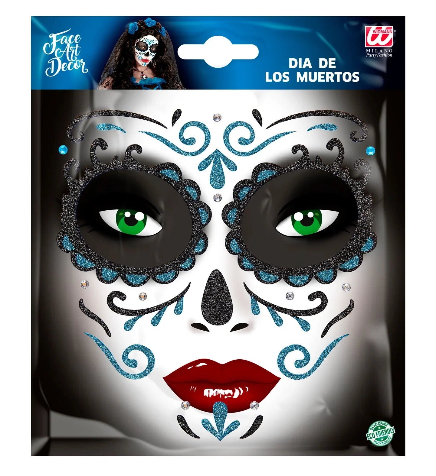 Set de Adhesivos de Catrina Azul con Purpurina Kits de Maquillaje Widmann
