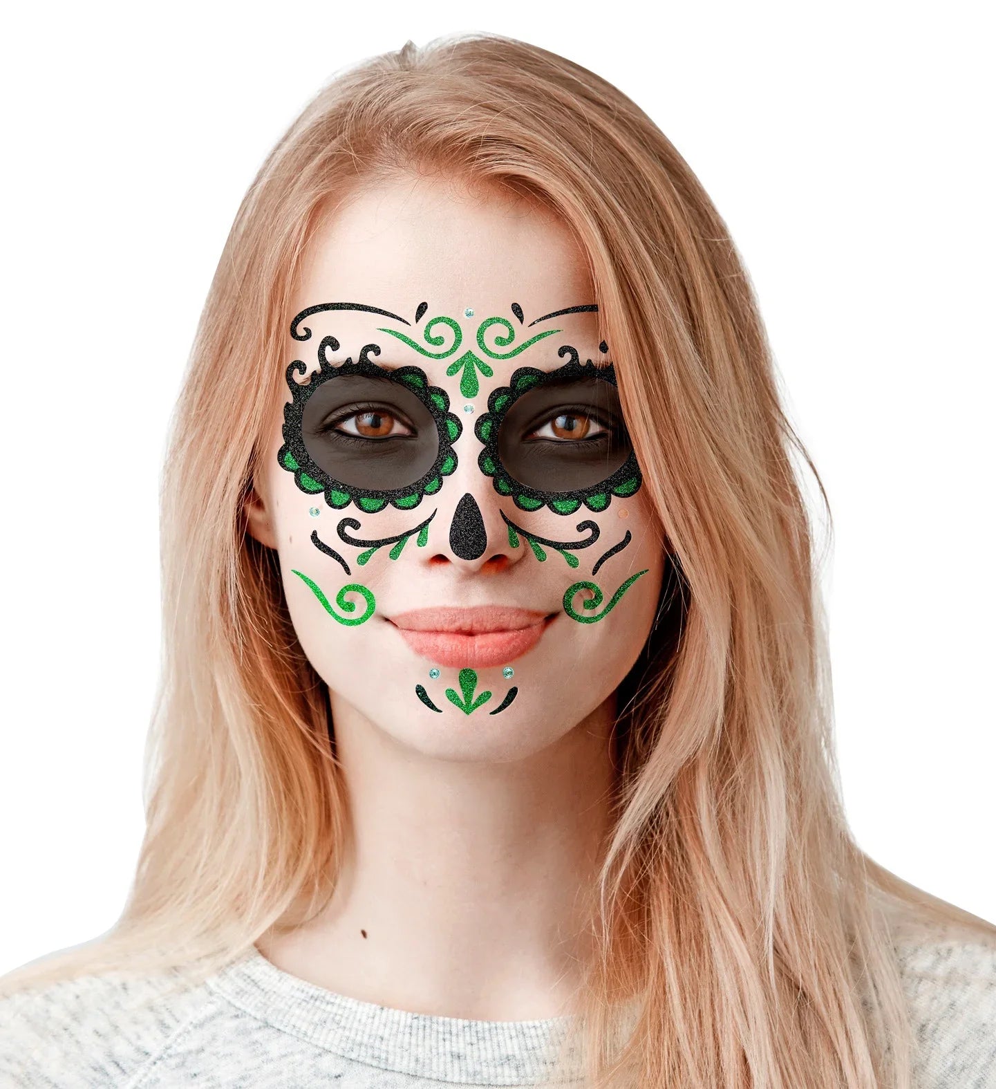 Set de Adhesivos de Catrina Verde con Purpurina Kits de Maquillaje Widmann
