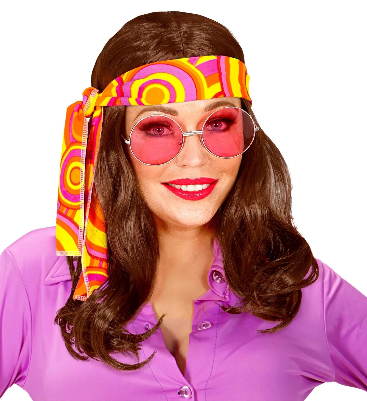 Peluca Castaña Larga con Bandana Disco Años 70 Pelucas Castañas Widmann