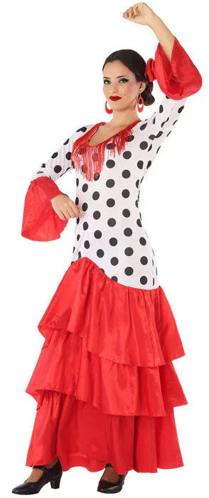 Disfraz de Flamenca Blanco con Volantes Rojos para Mujer Sevillanas Atosa