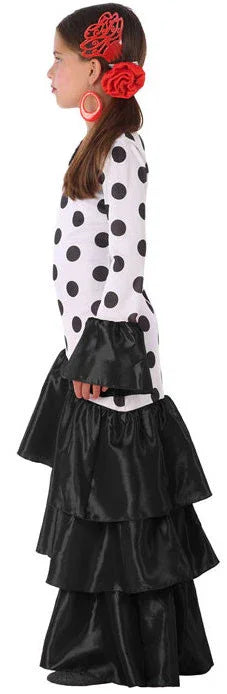 Disfraz de Flamenca Blanco con Volantes Negros Infantil Sevillanas Atosa