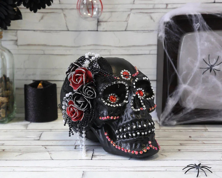 Calavera de Catrina Negra con Brillantes y Flores Calaveras Atosa