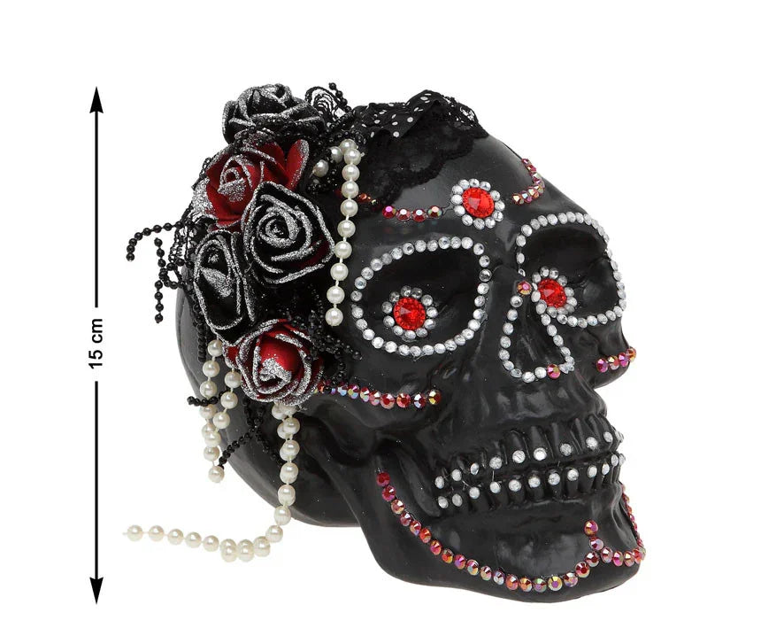 Calavera de Catrina Negra con Brillantes y Flores Calaveras Atosa